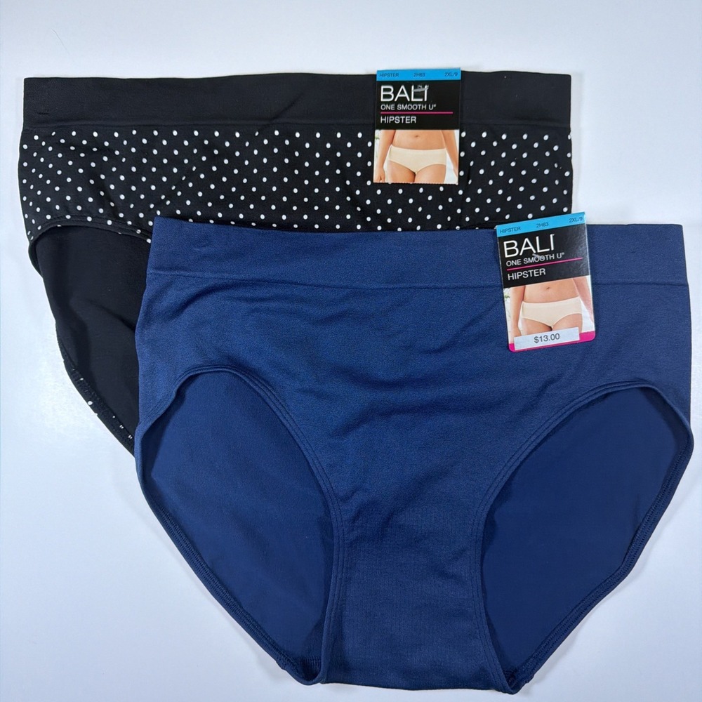 Bali One Smooth U Hipster Panty Underwear 2XL/9 2 Pack Blue Black Dot NEW 2H63
